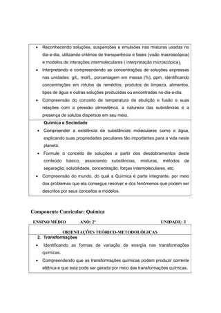 •   Reconhecendo soluções, suspensões e emulsões nas misturas usadas no
      dia-a-dia, utilizando critérios de transparência e fases (visão macroscópica)
      e modelos de interações intermoleculares ( interpretação microscópica).
  •   Interpretando e compreendendo as concentrações de soluções expressas
      nas unidades: g/L, mol/L, porcentagem em massa (%), ppm, identificando
      concentrações em rótulos de remédios, produtos de limpeza, alimentos,
      tipos de água e outras soluções produzidas ou encontradas no dia-a-dia.
  •   Compreensão do conceito de temperatura de ebulição e fusão e suas
      relações com a pressão atmosférica, a natureza das substâncias e a
      presença de solutos dispersos em seu meio.
      Química e Sociedade
  • Compreender a existência de substâncias moleculares como a água,
      explicando suas propriedades peculiares tão importantes para a vida neste
      planeta.
  • Formule o conceito de soluções a partir dos desdobramentos deste
      conteúdo    básico,   associando    substâncias,   misturas,   métodos    de
      separação, solubilidade, concentração, forças intermoleculares, etc.
  •   Compreensão do mundo, do qual a Química é parte integrante, por meio
      dos problemas que ela consegue resolver e dos fenômenos que podem ser
      descritos por seus conceitos e modelos.



Componente Curricular: Química
ENSINO MÉDIO             ANO: 2º                                     UNIDADE: 3

             ORIENTAÇÕES TEÓRICO-METODOLÓGICAS
  2. Transformações
  •   Identificando as formas de variação de energia nas transformações
      químicas.
  •   Compreendendo que as transformações químicas podem produzir corrente
      elétrica e que esta pode ser gerada por meio das transformações químicas.
 