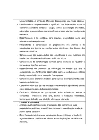 fundamentadas em princípios diferentes dos previstos pela Física clássica.
• Identificando e compreendendo o significado das informações sobre os
   elementos na tabela periódica – grupo, família, classificação em metais,
   não-metais e gases nobres, número atômico, massa atômica, configuração
   eletrônica.
• Reconhecendo a lei periódica para algumas propriedades como raio
   atômico e eletronegatividade.
• Interpretando a periodicidade de propriedades dos átomos e de
   substâncias em termos de configurações eletrônicas dos átomos dos
   elementos químicos.
• Compreensão das propriedades das substâncias e dos materiais em
   função das interações entre átomos, moléculas e íons.
• Compreensão da transformação química como resultante de “quebra” e
   formação de ligações químicas
• Desenvolvendo um processo de construção de modelo que leve a
   compreensão dos fenômenos observados sobre a condutividade elétrica
   de algumas substâncias e suas soluções aquosas.
• Compreensão de diferentes modelos para explicar o comportamento ácido-
   base das substâncias.
• Compreensão de que os sais e óxidos são substâncias tipicamente iônicas
   e que possuem propriedades características.
• Explicando diferenças de propriedades entre substâncias iônicas e
   covalentes – Interações entre íons, átomos e moléculas: volatilidade,
   temperatura de fusão e de ebulição e forças de interação.
  Química e Sociedade
• Analise a evolução histórica da organização dos elementos e suas
   propriedades periódicas e aperiódicas bem como sua utilização e relação
   prática com o cotidiano.
• Reconhecendo quimicamente substâncias do seu cotidiano, entendendo
   algumas de suas propriedades básicas e suas implicações na sociedade
   moderna.
 