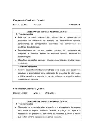 Componente Curricular: Química
ENSINO MÉDIO                 ANO: 2º                                 UNIDADE: 1


             ORIENTAÇÕES TEÓRICO-METODOLÓGICAS
  1. Transformações
  •   Relacione os níveis macroscópico, microscópico e representacional
      envolvidos     na construção do conceito de transformação           química,
      considerando      os    conhecimentos   adquiridos   para   compreensão   da
      existência de substâncias.
  •   Reconhecimento de que nas reações químicas, há coexistência de
      reagentes e produtos (estado de equilíbrio químico, extensão da
      transformação).
  •   Classifique as reações químicas - síntese, decomposição, simples troca e
      dupla troca.
      Química e Sociedade
  •   Recorrer aos conhecimentos desenvolvidos neste estudo sobre as relações
      estruturas e propriedades para elaboração de propostas de intervenção
      solidária na realidade, respeitando os valores humanos e considerando a
      diversidade sociocultural.



Componente Curricular: Química
ENSINO MÉDIO                 ANO: 2º    UNIDADE: 2



             ORIENTAÇÕES TEÓRICO-METODOLÓGICAS
  1. Transformações
  •   Elaboração de um estudo sobre a ocorrência e a importância da água na
      vida animal e vegetal, problemas relativos à poluição da água e a
      necessidade de preservá-la, bem como os processos químicos e físicos
      que podem tornar a água adequada para o consumo.
 