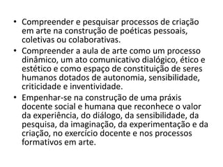 • Compreender e pesquisar processos de criação
  em arte na construção de poéticas pessoais,
  coletivas ou colaborativas.
• Compreender a aula de arte como um processo
  dinâmico, um ato comunicativo dialógico, ético e
  estético e como espaço de constituição de seres
  humanos dotados de autonomia, sensibilidade,
  criticidade e inventividade.
• Empenhar-se na construção de uma práxis
  docente social e humana que reconhece o valor
  da experiência, do diálogo, da sensibilidade, da
  pesquisa, da imaginação, da experimentação e da
  criação, no exercício docente e nos processos
  formativos em arte.
 