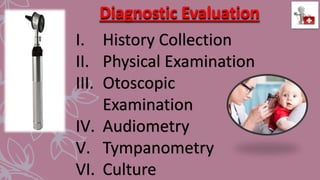 Diagnostic Evaluation
I. History Collection
II. Physical Examination
III. Otoscopic
Examination
IV. Audiometry
V. Tympanometry
VI. Culture
 