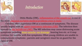Otitis Media (OM), inflammation of the middle ear, is one of
the most common pediatric medical problems even in India.
Children often experience OM as a continuum of symptoms. The disease
usually begins with an upper respiratory infection (URI). The infection then
spreads to the middle ear (ME). The ME infection may cause distressing acute
symptoms including fever, earache, ear drainage, hearing loss etc. or it may
continue for months with few symptoms. Often young children are unable to
communicate symptoms ; parents and caregivers must be on guard for the
signs of OM.
 