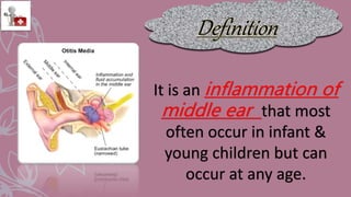 It is an inflammation of
middle ear that most
often occur in infant &
young children but can
occur at any age.
 