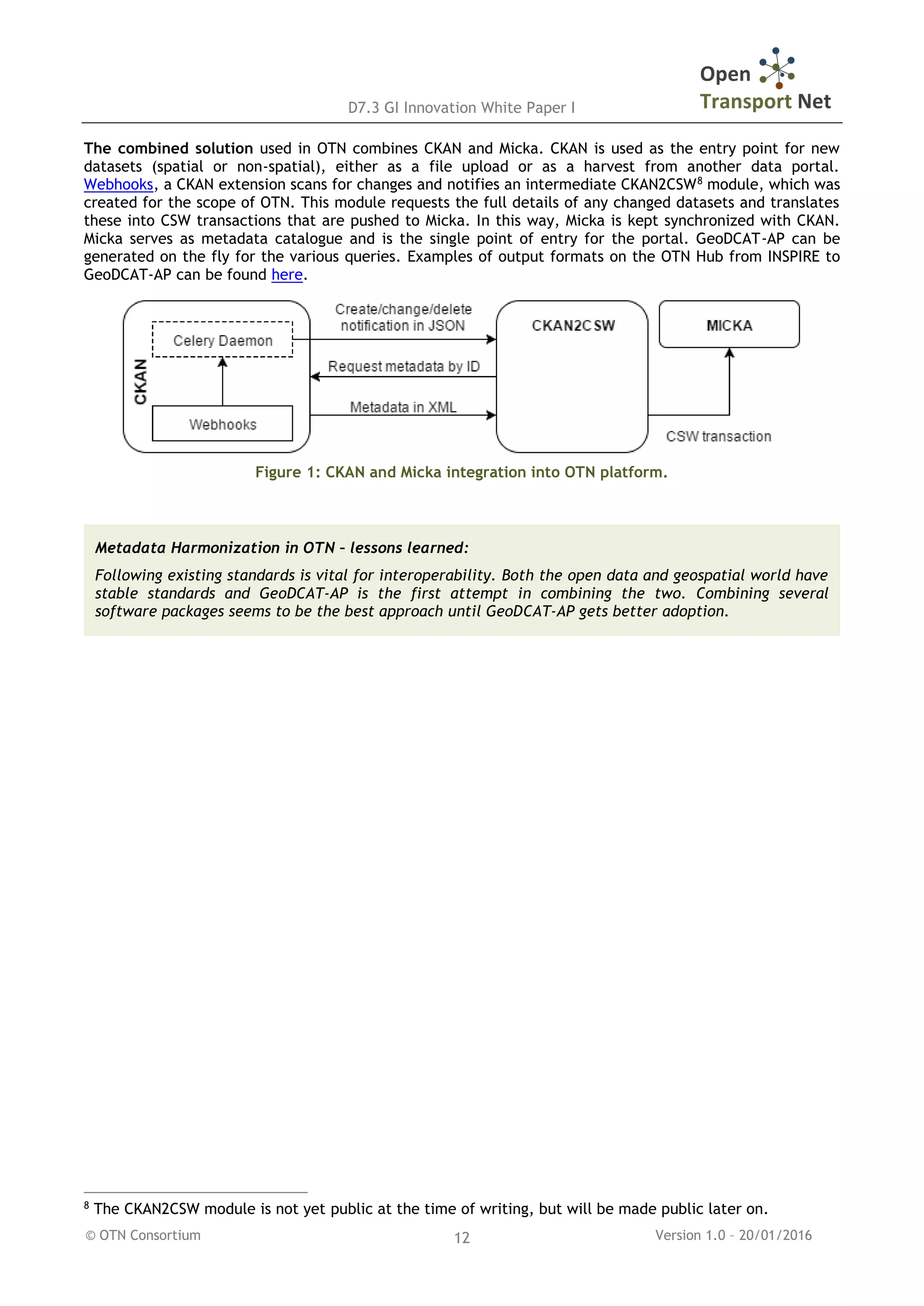 D7.3 GI Innovation White Paper I
© OTN Consortium Version 1.0 – 20/01/201612
The combined solution used in OTN combines CKAN and Micka. CKAN is used as the entry point for new
datasets (spatial or non-spatial), either as a file upload or as a harvest from another data portal.
Webhooks, a CKAN extension scans for changes and notifies an intermediate CKAN2CSW8
module, which was
created for the scope of OTN. This module requests the full details of any changed datasets and translates
these into CSW transactions that are pushed to Micka. In this way, Micka is kept synchronized with CKAN.
Micka serves as metadata catalogue and is the single point of entry for the portal. GeoDCAT-AP can be
generated on the fly for the various queries. Examples of output formats on the OTN Hub from INSPIRE to
GeoDCAT-AP can be found here.
Figure 1: CKAN and Micka integration into OTN platform.
8
The CKAN2CSW module is not yet public at the time of writing, but will be made public later on.
Metadata Harmonization in OTN – lessons learned:
Following existing standards is vital for interoperability. Both the open data and geospatial world have
stable standards and GeoDCAT-AP is the first attempt in combining the two. Combining several
software packages seems to be the best approach until GeoDCAT-AP gets better adoption.
 