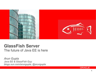 1
GlassFish Server
The future of Java EE is here
Arun Gupta
Java EE & GlassFish Guy
blogs.sun.com/arungupta, @arungupta
 