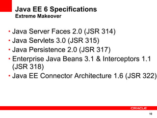 10
Java EE 6 Specifications
Extreme Makeover
• Java Server Faces 2.0 (JSR 314)
• Java Servlets 3.0 (JSR 315)
• Java Persistence 2.0 (JSR 317)
• Enterprise Java Beans 3.1 & Interceptors 1.1
(JSR 318)
• Java EE Connector Architecture 1.6 (JSR 322)
 