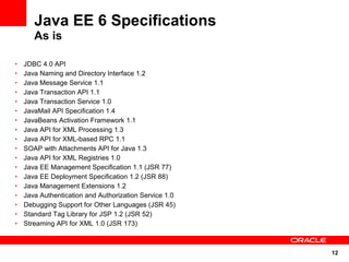 12
Java EE 6 Specifications
As is
• JDBC 4.0 API
• Java Naming and Directory Interface 1.2
• Java Message Service 1.1
• Java Transaction API 1.1
• Java Transaction Service 1.0
• JavaMail API Specification 1.4
• JavaBeans Activation Framework 1.1
• Java API for XML Processing 1.3
• Java API for XML-based RPC 1.1
• SOAP with Attachments API for Java 1.3
• Java API for XML Registries 1.0
• Java EE Management Specification 1.1 (JSR 77)
• Java EE Deployment Specification 1.2 (JSR 88)
• Java Management Extensions 1.2
• Java Authentication and Authorization Service 1.0
• Debugging Support for Other Languages (JSR 45)
• Standard Tag Library for JSP 1.2 (JSR 52)
• Streaming API for XML 1.0 (JSR 173)
 