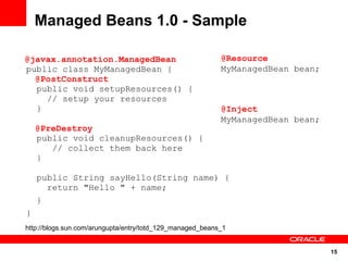 15
public class MyManagedBean {
public void setupResources() {
// setup your resources
}
public void cleanupResources() {
// collect them back here
}
public String sayHello(String name) {
return "Hello " + name;
}
}
Managed Beans 1.0 - Sample
@Resource
MyManagedBean bean;
@javax.annotation.ManagedBean
@PostConstruct
@PreDestroy
@Inject
MyManagedBean bean;
http://blogs.sun.com/arungupta/entry/totd_129_managed_beans_1
 