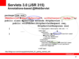 17
Servlets 3.0 (JSR 315)
Annotations-based @WebServlet
http://blogs.sun.com/arungupta/entry/totd_81_getting_started_with
package com.sun;
@WebServlet(name=”MyServlet”, urlPatterns={”/myApp/*”})
public class MyServlet extends HttpServlet {
public void doGet(HttpServletRequest req,
HttpServletResponse res)
{
...
}
<!--Deployment descriptor web.xml -->
<web-app>
<servlet>
<servlet-name>MyServlet</servlet-name>
<servlet-class>
com.sun.MyServlet
</servlet-class>
</servlet>
<servlet-mapping>
<servlet-name>MyServlet</servlet-name>
<url-pattern>/myApp/*</url-pattern>
</servlet-mapping>
...
</web-app>
 