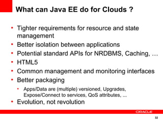 32
What can Java EE do for Clouds ?
●
Tighter requirements for resource and state
management
●
Better isolation between applications
●
Potential standard APIs for NRDBMS, Caching, …
●
HTML5
●
Common management and monitoring interfaces
●
Better packaging
●
Apps/Data are (multiple) versioned, Upgrades,
Expose/Connect to services, QoS attributes, ...
●
Evolution, not revolution
 