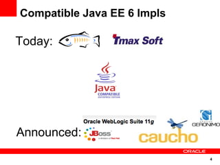 4
Compatible Java EE 6 Impls
Today:
Announced:
 