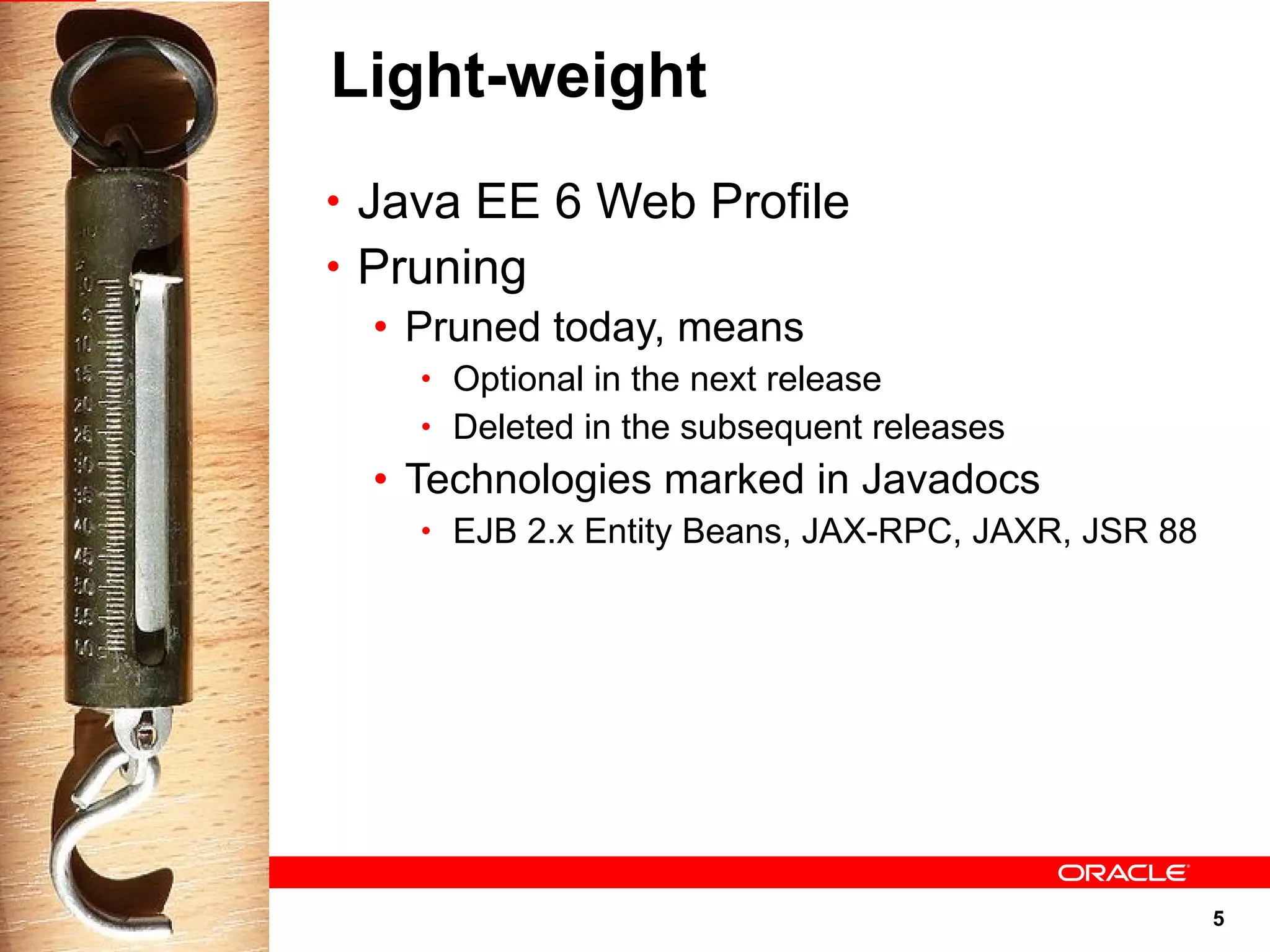 Light-weight
• Java EE 6 Web Profile
• Pruning
   • Pruned today, means
    • Optional in the next release
    • Deleted in the subsequent releases
  • Technologies marked in Javadocs
    • EJB 2.x Entity Beans, JAX-RPC, JAXR, JSR 88




                                                    5
 