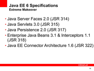 Java EE 6 Specifications
  Extreme Makeover

• Java Server Faces 2.0 (JSR 314)
• Java Servlets 3.0 (JSR 315)
• Java Persistence 2.0 (JSR 317)
• Enterprise Java Beans 3.1 & Interceptors 1.1
  (JSR 318)
• Java EE Connector Architecture 1.6 (JSR 322)




                                             11
 