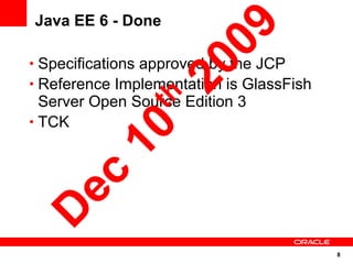 Java EE 6 - Done




                09
• Specifications approved by the JCP




              20
• Reference Implementation is GlassFish




             h
  Server Open Source Edition 3
• TCK
         10 t
 ec
D


                                          8
 