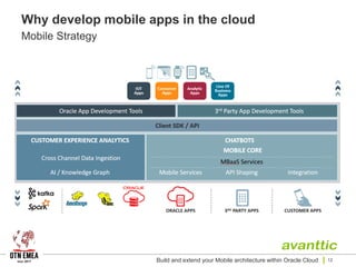 Why develop mobile apps in the cloud
Mobile Strategy
Build and extend your Mobile architecture within Oracle Cloud 12
 