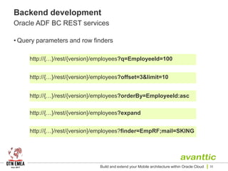 Backend development
Oracle ADF BC REST services
• Query parameters and row finders
Build and extend your Mobile architecture within Oracle Cloud 33
http://{…}/rest/{version}/employees?offset=3&limit=10
http://{…}/rest/{version}/employees?orderBy=EmployeeId:asc
http://{…}/rest/{version}/employees?expand
http://{…}/rest/{version}/employees?finder=EmpRF;mail=SKING
http://{…}/rest/{version}/employees?q=EmployeeId=100
 