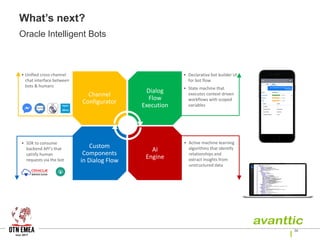 Oracle Intelligent Bots
36
Channel
Configurator
Dialog
Flow
Execution
Custom
Components
in Dialog Flow
AI
Engine
• Unified cross-channel
chat interface between
bots & humans
• Declarative bot builder UI
for bot flow
• State machine that
executes context driven
workflows with scoped
variables
• Active machine learning
algorithms that identify
relationships and
extract insights from
unstructured data
• SDK to consume
backend API’s that
satisfy human
requests via the bot
Custom
What’s next?
 