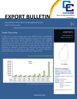 EXPORT BULLETIN
     Special Bulletin of the Office of Trade Negotiations (OTN)
     ISSUE # 5 February 2010                                                                                                 |1
Trade Overview                                                                                                CONTENTS
                                                                                                            Trade Overview P.1
In 2008, the St. Lucian economy spent circa US$4.1bn more in merchandise
                                                                                                          Exports Overview P.2
imports (i.e. goods) than merchandise exporters earned. The St. Lucian economy
continues to face serious growth challenges including an ever expanding
international trade deficit. The problem of the ballooning trade deficit is
compounded by the fact that even with revenue from the services sector, the
economy still spends more on imports than it generates from export sales. This
ultimately has significant implications on international debt, and provides a
strong motive for the promotion of viable exports. This bulletin attempts to
provide information on some of those viable export opportunities.


                                         Fig. 1: St. Lucia’s merchandise trade performance




                                                                                                           ST. LUCIA

                                                                                               Official Name: Saint Lucia
                                                                                               Area: 619 sq. km. (238 sq. mi.)
                                                                                               Capital: Castries (pop. 67, 000)
                                                                                               Population (2005 UN estimate)
                                                                                               152, 000
                                                                                               Currency: Eastern Caribbean Dollar
                                                                                               ($EC)
                                                                                               Terrain: Mountainous.
                                                                                               Climate: Tropical
                                                                                               Airport: Hewanorra International
                                       Source: tradeMAP database, retrieved January 27, 2010             Airport
                                                                                                         George F. L. Charles
                                                                                                         Airport

                                                                                               Source: OTN Information Unit 2010



                                                     www.crnm.org
 