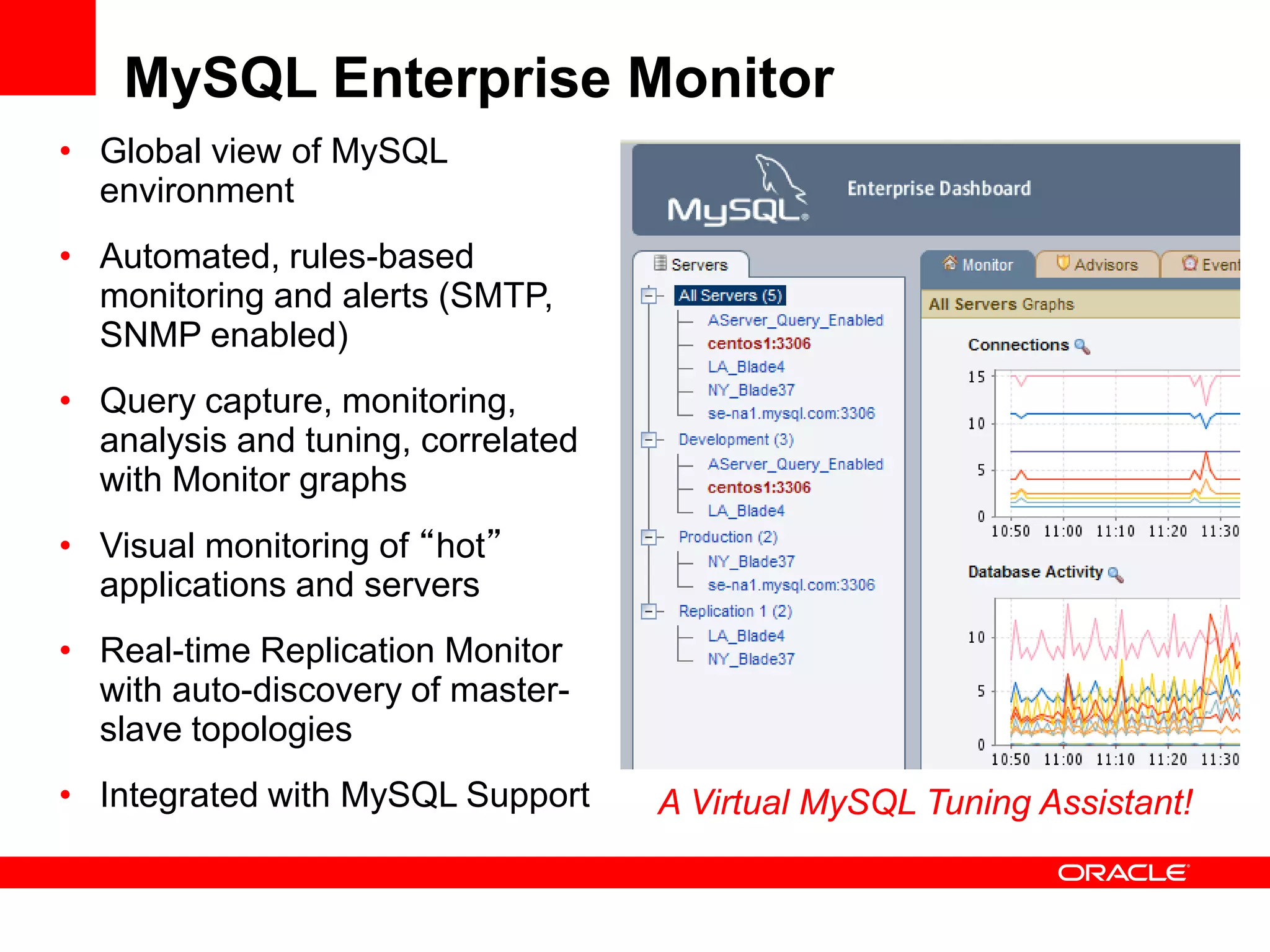 MySQL Enterprise Monitor
• Global view of MySQL
  environment
• Automated, rules-based
  monitoring and alerts (SMTP,
  SNMP enabled)
• Query capture, monitoring,
  analysis and tuning, correlated
  with Monitor graphs
• Visual monitoring of “hot”
  applications and servers
• Real-time Replication Monitor
  with auto-discovery of master-
  slave topologies
• Integrated with MySQL Support     A Virtual MySQL Tuning Assistant!
 