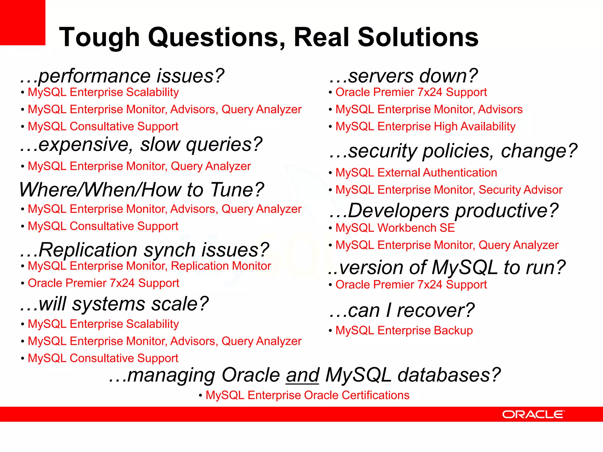 Tough Questions, Real Solutions
…performance issues?                                     …servers down?
• MySQL Enterprise Scalability                           • Oracle Premier 7x24 Support
• MySQL Enterprise Monitor, Advisors, Query Analyzer     • MySQL Enterprise Monitor, Advisors
• MySQL Consultative Support                             • MySQL Enterprise High Availability
…expensive, slow queries?                                …security policies, change?
• MySQL Enterprise Monitor, Query Analyzer
                                                         • MySQL External Authentication
Where/When/How to Tune?                                  • MySQL Enterprise Monitor, Security Advisor
• MySQL Enterprise Monitor, Advisors, Query Analyzer     …Developers productive?
• MySQL Consultative Support                             • MySQL Workbench SE

…Replication synch issues?                               • MySQL Enterprise Monitor, Query Analyzer
• MySQL Enterprise Monitor, Replication Monitor          ..version of MySQL to run?
• Oracle Premier 7x24 Support                            • Oracle Premier 7x24 Support
…will systems scale?                                     …can I recover?
• MySQL Enterprise Scalability
                                                         • MySQL Enterprise Backup
• MySQL Enterprise Monitor, Advisors, Query Analyzer
• MySQL Consultative Support
                …managing Oracle and MySQL databases?
                                 • MySQL Enterprise Oracle Certifications
 