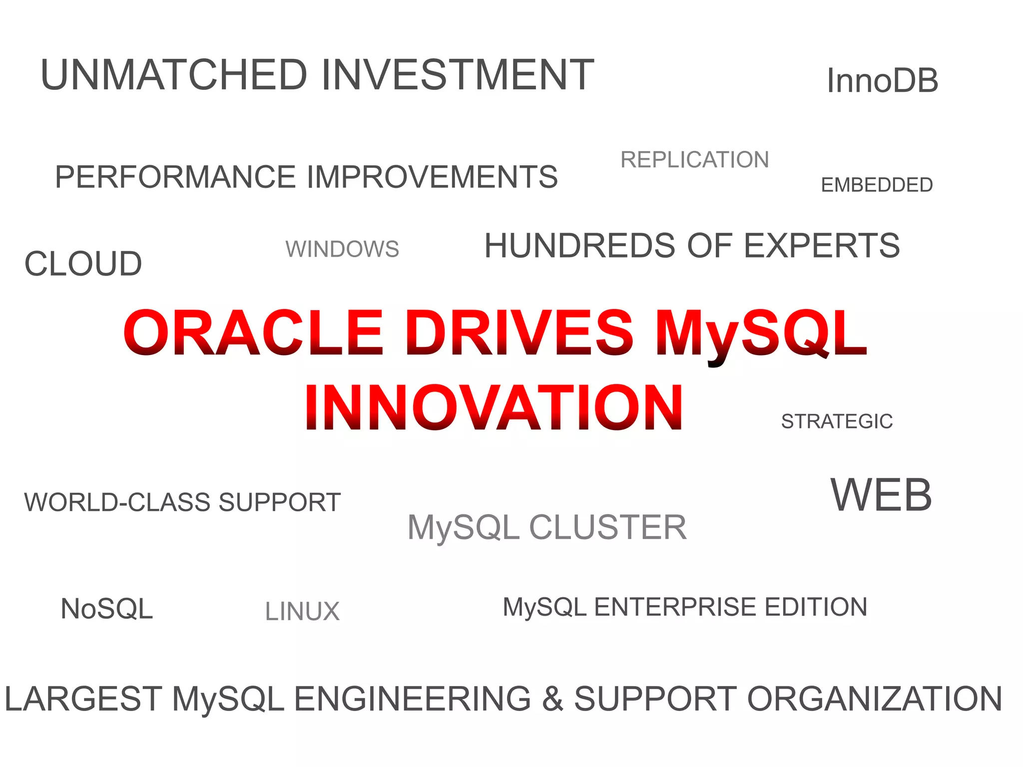 UNMATCHED INVESTMENT                                InnoDB

                                    REPLICATION
  PERFORMANCE IMPROVEMENTS                           EMBEDDED


               WINDOWS      HUNDREDS OF EXPERTS
CLOUD



                                                  STRATEGIC



WORLD-CLASS SUPPORT                                  WEB
                         MySQL CLUSTER

  NoSQL       LINUX          MySQL ENTERPRISE EDITION


LARGEST MySQL ENGINEERING & SUPPORT ORGANIZATION
 