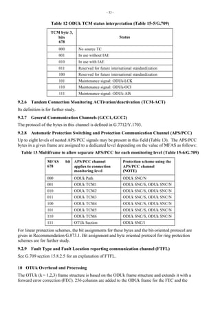 - 33 -
Table 12 ODUk TCM status interpretation (Table 15-5/G.709)
TCM byte 3,
bits
678
Status
000 No source TC
001 In use without IAE
010 In use with IAE
011 Reserved for future international standardization
100 Reserved for future international standardization
101 Maintenance signal: ODUk-LCK
110 Maintenance signal: ODUk-OCI
111 Maintenance signal: ODUk-AIS
9.2.6 Tandem Connection Monitoring ACTivation/deactivation (TCM-ACT)
Its definition is for further study.
9.2.7 General Communication Channels (GCC1, GCC2)
The protocol of the bytes in this channel is defined in G.7712/Y.1703.
9.2.8 Automatic Protection Switching and Protection Communication Channel (APS/PCC)
Up to eight levels of nested APS/PCC signals may be present in this field (Table 13). The APS/PCC
bytes in a given frame are assigned to a dedicated level depending on the value of MFAS as follows:
Table 13 Multiframe to allow separate APS/PCC for each monitoring level (Table 15-6/G.709)
MFAS bit
678
APS/PCC channel
applies to connection
monitoring level
Protection scheme using the
APS/PCC channel
(NOTE)
000 ODUk Path ODUk SNC/N
001 ODUk TCM1 ODUk SNC/S, ODUk SNC/N
010 ODUk TCM2 ODUk SNC/S, ODUk SNC/N
011 ODUk TCM3 ODUk SNC/S, ODUk SNC/N
100 ODUk TCM4 ODUk SNC/S, ODUk SNC/N
101 ODUk TCM5 ODUk SNC/S, ODUk SNC/N
110 ODUk TCM6 ODUk SNC/S, ODUk SNC/N
111 OTUk Section ODUk SNC/I
For linear protection schemes, the bit assignments for these bytes and the bit-oriented protocol are
given in Recommendation G.873.1. Bit assignment and byte oriented protocol for ring protection
schemes are for further study.
9.2.9 Fault Type and Fault Location reporting communication channel (FTFL)
See G.709 section 15.8.2.5 for an explanation of FTFL.
10 OTUk Overhead and Processing
The OTUk (k = 1,2,3) frame structure is based on the ODUk frame structure and extends it with a
forward error correction (FEC). 256 columns are added to the ODUk frame for the FEC and the
 