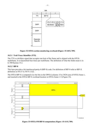 - 37 -
TTI BIP-8
BEI/BIAE
BDI
RES
1 2 3 4 5 6 7 8
1 2 3
SM
IAE
63
32
0
15
16
31
SAPI
DAPI
Operator
Specific
Figure 32 OTUk section monitoring overhead (Figure 15-10/G.709)
10.3.1 Trail Trace Identifier (TTI)
The TTI is a 64-Byte signal that occupies one byte of the frame and is aligned with the OTUk
multiframe. It is transmitted four times per multiframe. The definition of what the fields mean is in
G.709/Section 15.2.
10.3.2 BIP-8
This byte provides a bit interleaved parity-8 (BIP-8) code. For definition of BIP-8 refer to BIP-X
definition in ITU-T G.707/Y.1322.
The OTUk BIP-8 is computed over the bits in the OPUk (columns 15 to 3824) area of OTUk frame i,
and inserted in the OTUk BIP-8 overhead location in OTUk frame i+2 (Figure 33).
T1542550-00
1
2
3
4
1 14 15 3824
1
2
3
4
BIP8
BIP8
OPUk
1
2
3
4
BIP8
BIP8
Frame
i
Frame
i+1
Frame
i+2
Figure 33 OTUk SM BIP-8 computation (Figure 15-11/G.709)
 
