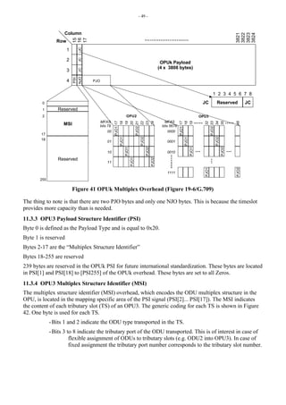 - 49 -
JC
NJO
1
2
3
4 16
17
3824
Row
Column
OPUk Payload
(4 x 3808 bytes)
3823
3822
3821
15
PSI
JC
JC
JC
Reserved
1 6 7 8
2 5
4
3
JC
0
1
2
17
18
255
Reserved
MSI
PJO1
PJO2
Reserved
PJO1
PJO2
PJO1
PJO2
PJO1
PJO2
17
21
18
19
20
22
23
24
00
01
10
11
PJO1
PJO2
PJO1
PJO2
PJO1
PJO2
PJO1
PJO2
17
33
18
19
32
34
35
48
0000
0001
0010
1111
PJO
MFAS
bits 78
MFAS
bits 5678
OPU2 OPU3
Figure 41 OPUk Multiplex Overhead (Figure 19-6/G.709)
The thing to note is that there are two PJO bytes and only one NJO bytes. This is because the timeslot
provides more capacity than is needed.
11.3.3 OPU3 Payload Structure Identifier (PSI)
Byte 0 is defined as the Payload Type and is equal to 0x20.
Byte 1 is reserved
Bytes 2-17 are the “Multiplex Structure Identifier”
Bytes 18-255 are reserved
239 bytes are reserved in the OPUk PSI for future international standardization. These bytes are located
in PSI[1] and PSI[18] to [PSI255] of the OPUk overhead. These bytes are set to all Zeros.
11.3.4 OPU3 Multiplex Structure Identifier (MSI)
The multiplex structure identifier (MSI) overhead, which encodes the ODU multiplex structure in the
OPU, is located in the mapping specific area of the PSI signal (PSI[2]... PSI[17]). The MSI indicates
the content of each tributary slot (TS) of an OPU3. The generic coding for each TS is shown in Figure
42. One byte is used for each TS.
-Bits 1 and 2 indicate the ODU type transported in the TS.
-Bits 3 to 8 indicate the tributary port of the ODU transported. This is of interest in case of
flexible assignment of ODUs to tributary slots (e.g. ODU2 into OPU3). In case of
fixed assignment the tributary port number corresponds to the tributary slot number.
 