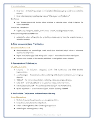 OT Nurse Excellence Manual Dr J L Meena
OT Nurse Excellence Manual – Dr J L Meena | Page 19
● Never allow a sterile technique breach or unresolved count discrepancy to go unaddressed due to time
pressure.
● Never rationalize skipping a safety step because “it has always been fine before.”
Beneficence
● Every perioperative nursing decision should be made to maximize patient safety throughout the
surgical experience.
Honesty and Transparency
● Report every discrepancy, incident, and near-miss honestly, including one's own errors.
Professional Independence and Advocacy
● Advocate for patient safety within the surgical team independent of hierarchy, surgical urgency, or
scheduling pressure.
6. Time Management and Prioritization
Clinical Priority Framework
● Immediate/Crisis: Fire, haemorrhage, cardiac arrest, count discrepancy before closure — immediate
response, no compromise.
● Urgent: Instrument/supply needs during active surgery — immediate anticipation and response.
● Routine: Room turnover, scheduled case preparation — managed per theatre schedule.
7. Teamwork and Collaboration
Work Effectively With
● Surgeons — for instrument anticipation, sterile field maintenance, and WHO Checklist
implementation.
● Anesthesiologists — for coordinated patient positioning, safety checklist participation, and emergency
response.
● CSSD staff — for instrument sterilization, availability, and reprocessing coordination.
● PACU staff — for structured handover of surgical and intraoperative information.
● Pathology/laboratory staff — for accurate specimen transport and chain of custody.
● Quality department — for accreditation support, incident reporting, and CAPA.
8. Professional Competence and Continuous Learning
Areas of Competence
● Sterile technique and aseptic practice across surgical specialties.
● Surgical instrumentation and count protocols.
● Patient positioning technique for varied surgical approaches.
● Electrosurgical and energy device safety.
 