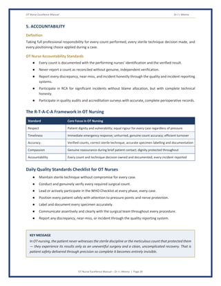 OT Nurse Excellence Manual Dr J L Meena
OT Nurse Excellence Manual – Dr J L Meena | Page 26
5. ACCOUNTABILITY
Definition
Taking full professional responsibility for every count performed, every sterile technique decision made, and
every positioning choice applied during a case.
OT Nurse Accountability Standards
● Every count is documented with the performing nurses' identification and the verified result.
● Never report a count as reconciled without genuine, independent verification.
● Report every discrepancy, near-miss, and incident honestly through the quality and incident reporting
systems.
● Participate in RCA for significant incidents without blame allocation, but with complete technical
honesty.
● Participate in quality audits and accreditation surveys with accurate, complete perioperative records.
The R-T-A-C-A Framework in OT Nursing
Standard Core Focus in OT Nursing
Respect Patient dignity and vulnerability; equal rigour for every case regardless of pressure
Timeliness Immediate emergency response; unhurried, genuine count accuracy; efficient turnover
Accuracy Verified counts, correct sterile technique, accurate specimen labelling and documentation
Compassion Genuine reassurance during brief patient contact; dignity protected throughout
Accountability Every count and technique decision owned and documented; every incident reported
Daily Quality Standards Checklist for OT Nurses
● Maintain sterile technique without compromise for every case.
● Conduct and genuinely verify every required surgical count.
● Lead or actively participate in the WHO Checklist at every phase, every case.
● Position every patient safely with attention to pressure points and nerve protection.
● Label and document every specimen accurately.
● Communicate assertively and clearly with the surgical team throughout every procedure.
● Report any discrepancy, near-miss, or incident through the quality reporting system.
KEY MESSAGE
In OT nursing, the patient never witnesses the sterile discipline or the meticulous count that protected them
— they experience its results only as an uneventful surgery and a clean, uncomplicated recovery. That is
patient safety delivered through precision so complete it becomes entirely invisible.
 