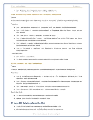 OT Nurse Excellence Manual Dr J L Meena
OT Nurse Excellence Manual – Dr J L Meena | Page 34
● Zero sharps injuries during instrument handling and transport.
SOP 9: Retained Surgical Item Prevention and Discrepancy Management
Purpose
To prevent retained surgical items and manage any count discrepancy systematically and transparently.
Procedure
● Step 1: Recognize the Discrepancy — identify any count that does not reconcile immediately.
● Step 2: Halt Closure — communicate immediately to the surgical team that closure cannot proceed
until resolved.
● Step 3: Recount — conduct a systematic recount of all items.
● Step 4: Search Methodically — conduct a methodical search of the surgical field, drapes, and floor if
the recount does not resolve the discrepancy.
● Step 5: Escalate — request intraoperative imaging per institutional protocol if the discrepancy remains
unresolved after recount and search.
● Step 6: Document — document the discrepancy, resolution process, and final outcome
comprehensively.
Quality Standards
● Zero retained surgical items.
● 100% of count discrepancies documented with resolution process and outcome.
SOP 10: Emergency and Crash Cart Readiness
Purpose
To ensure the operating theatre is prepared for immediate response to perioperative emergencies.
Procedure
● Step 1: Verify Emergency Equipment — verify crash cart, fire extinguisher, and emergency drug
availability per scheduled check.
● Step 2: Confirm Emergency Protocols — maintain familiarity with fire, haemorrhage, and cardiac arrest
response protocols specific to the OT.
● Step 3: Participate in Drills — participate in scheduled emergency simulation drills.
● Step 4: Document — document emergency equipment checks per schedule.
Quality Standards
● 100% compliance with scheduled emergency equipment checks.
● Regular participation in emergency simulation drills.
OT Nurse SOP Daily Compliance Checklist
● Sterile field setup and sterility indicators verified for every case today.
● All required counts conducted, verified, and documented for every case.
 