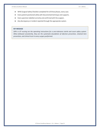 OT Nurse Excellence Manual Dr J L Meena
OT Nurse Excellence Manual – Dr J L Meena | Page 35
● WHO Surgical Safety Checklist completed for all three phases, every case.
● Every patient positioned safely with documented technique and supports.
● Every specimen labelled correctly and confirmed with the surgeon.
● Any discrepancy or incident reported through the appropriate system.
KEY MESSAGE
SOPs in OT nursing are the operating instructions for a zero-tolerance sterile and count safety system.
When followed consistently, they are the systematic foundation of infection prevention, retained item
prevention, and clinical trust in every surgery performed.
 