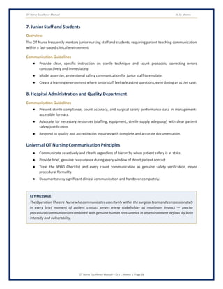 OT Nurse Excellence Manual Dr J L Meena
OT Nurse Excellence Manual – Dr J L Meena | Page 38
7. Junior Staff and Students
Overview
The OT Nurse frequently mentors junior nursing staff and students, requiring patient teaching communication
within a fast-paced clinical environment.
Communication Guidelines
● Provide clear, specific instruction on sterile technique and count protocols, correcting errors
constructively and immediately.
● Model assertive, professional safety communication for junior staff to emulate.
● Create a learning environment where junior staff feel safe asking questions, even during an active case.
8. Hospital Administration and Quality Department
Communication Guidelines
● Present sterile compliance, count accuracy, and surgical safety performance data in management-
accessible formats.
● Advocate for necessary resources (staffing, equipment, sterile supply adequacy) with clear patient
safety justification.
● Respond to quality and accreditation inquiries with complete and accurate documentation.
Universal OT Nursing Communication Principles
● Communicate assertively and clearly regardless of hierarchy when patient safety is at stake.
● Provide brief, genuine reassurance during every window of direct patient contact.
● Treat the WHO Checklist and every count communication as genuine safety verification, never
procedural formality.
● Document every significant clinical communication and handover completely.
KEY MESSAGE
The Operation Theatre Nurse who communicates assertively within the surgical team and compassionately
in every brief moment of patient contact serves every stakeholder at maximum impact — precise
procedural communication combined with genuine human reassurance in an environment defined by both
intensity and vulnerability.
 