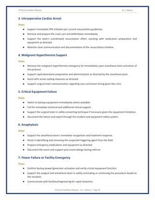 OT Nurse Excellence Manual Dr J L Meena
OT Nurse Excellence Manual – Dr J L Meena | Page 43
3. Intraoperative Cardiac Arrest
Steps
● Support immediate CPR initiation per current resuscitation guidelines.
● Retrieve and prepare the crash cart and defibrillator immediately.
● Support the team's coordinated resuscitation effort, assisting with medication preparation and
equipment as directed.
● Maintain clear communication and documentation of the resuscitation timeline.
4. Malignant Hyperthermia Support
Steps
● Retrieve the malignant hyperthermia emergency kit immediately upon anesthesia team activation of
the protocol.
● Support rapid dantrolene preparation and administration as directed by the anesthesia team.
● Assist with active cooling measures as directed.
● Support surgical team communication regarding case conclusion timing given the crisis.
5. Critical Equipment Failure
Steps
● Switch to backup equipment immediately where available.
● Call for immediate technical and additional clinical support.
● Support the surgical team in safely converting technique if necessary given the equipment limitation.
● Document the failure and report through the incident and equipment safety system.
6. Anaphylaxis
Steps
● Support the anesthesia team's immediate recognition and treatment response.
● Assist in identifying and removing the suspected triggering agent from the field.
● Prepare emergency medications and equipment as directed.
● Document the event and support post-event allergy testing referral.
7. Power Failure or Facility Emergency
Steps
● Confirm backup power/generator activation and verify critical equipment function.
● Support the surgical and anesthesia team in safely concluding or continuing the procedure based on
the situation.
● Communicate with facilities/engineering for rapid resolution.
 