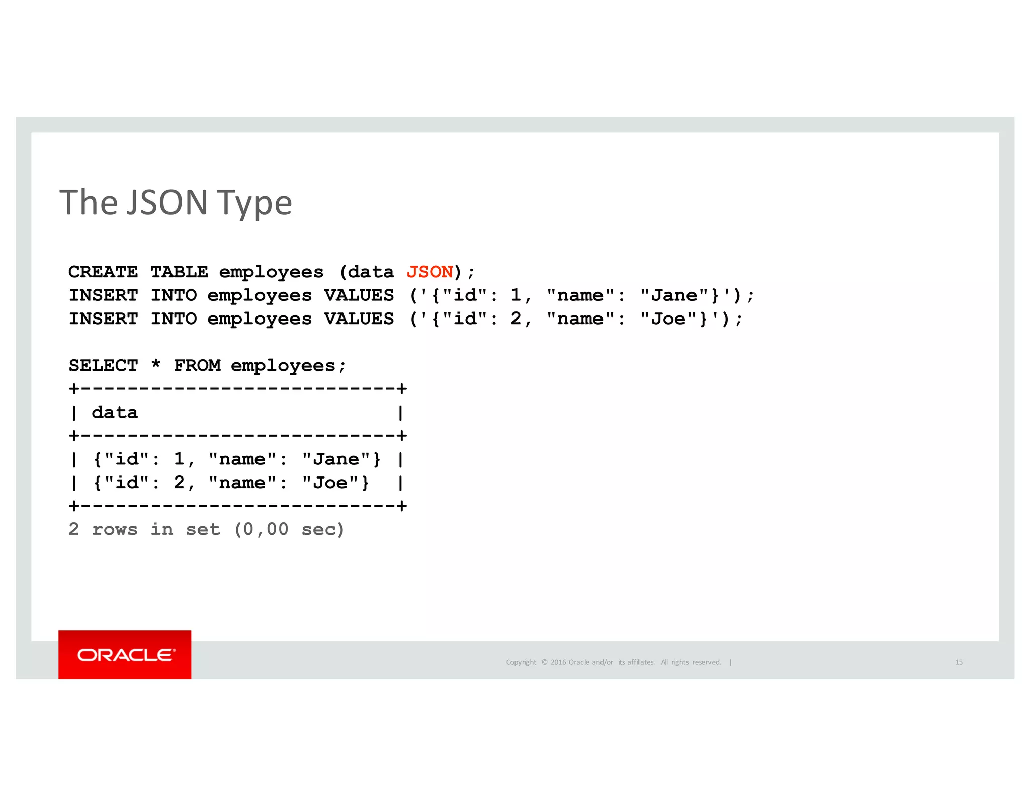 Copyright	
   ©	
  2016	
  Oracle	
  and/or	
   its	
  affiliates.	
   All	
   rights	
   reserved.	
   	
  |
The	
  JSON	
  Type
CREATE TABLE employees (data JSON);
INSERT INTO employees VALUES ('{"id": 1, "name": "Jane"}');
INSERT INTO employees VALUES ('{"id": 2, "name": "Joe"}');
SELECT * FROM employees;
+---------------------------+
| data |
+---------------------------+
| {"id": 1, "name": "Jane"} |
| {"id": 2, "name": "Joe"} |
+---------------------------+
2 rows in set (0,00 sec)
15
 