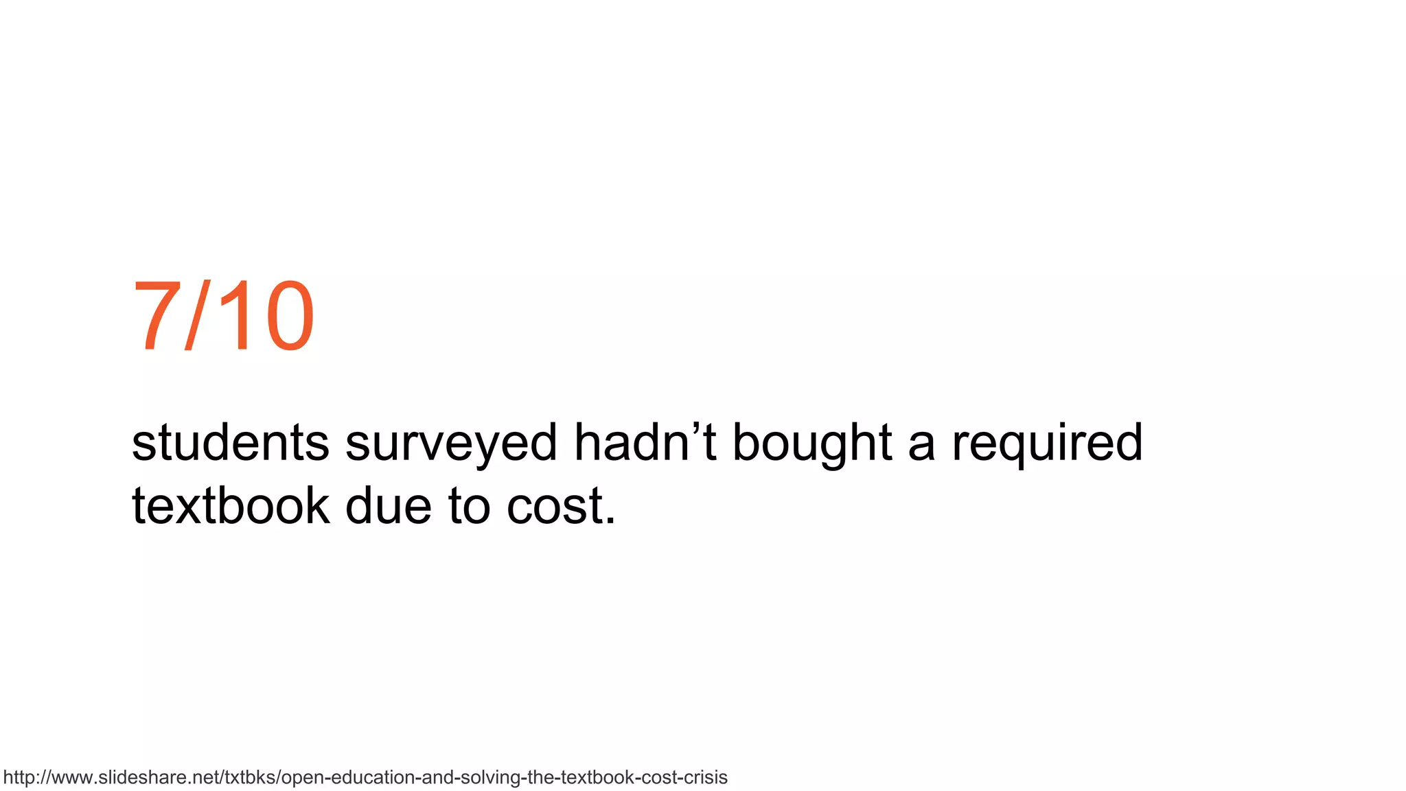 7/10
students surveyed hadn’t bought a required
textbook due to cost.
http://www.slideshare.net/txtbks/open-education-and-solving-the-textbook-cost-crisis
 