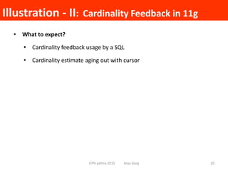 Illustration - II: Cardinality Feedback in 11g
• What to expect?
• Cardinality feedback usage by a SQL
• Cardinality estim...