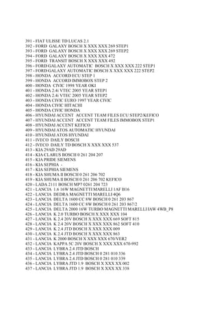391 - FIAT ULISSE TD LUCAS 2.1
392 - FORD GALAXY BOSCH X XXX XXX 269 STEP1
393 - FORD GALAXY BOSCH X XXX XXX 269 STEP2
394 - FORD GALAXY BOSCH X XXX XXX 472
395 - FORD TRANSIT BOSCH X XXX XXX 492
396 - FORD GALAXY AUTOMATIC BOSCH X XXX XXX 222 STEP1
397 - FORD GALAXY AUTOMATIC BOSCH X XXX XXX 222 STEP2
398 - HONDA ACCORD ECU STEP 1
399 - HONDA ACCORD IMMOBOX STEP 2
400 - HONDA CIVIC 1998 YEAR OKI
401 - HONDA 2.4i VTEC 2005 YEAR STEP1
402 - HONDA 2.4i VTEC 2005 YEAR STEP2
403 - HONDA CIVIC EURO 1997 YEAR CIVIC
404 - HONDA CIVIC HITACHI
405 - HONDA CIVIC HONDA
406 - HYUNDAI ACCENT ACCENT TEAM FILES ECU STEP2/KEFICO
407 - HYUNDAI ACCENT ACCENT TEAM FILES IMMOBOX STEP1
408 - HYUNDAI ACCENT KEFICO
409 - HYUNDAI ATOS AUTOMATIC HYUNDAI
410 - HYUNDAI ATOS HYUNDAI
411 - IVECO DAILY BOSCH
412 - IVECO DAILY TD BOSCH X XXX XXX 537
413 - KIA 29AD 29AD
414 - KIA CLARUS BOSCH 0 261 204 207
415 - KIA PRIDE SIEMENS
416 - KIA SEPHIA -
417 - KIA SEPHIA SIEMENS
418 - KIA SHUMA II BOSCH 0 261 206 702
419 - KIA SHUMA II BOSCH 0 261 206 702 KEFICO
420 - LADA 2111 BOSCH MP7 0261 204 723
421 - LANCIA 1.6 16W MAGNETTI MARELLI 1AF B16
422 - LANCIA DEDRA MAGNETTI MARELLI 4Q6
423 - LANCIA DELTA 1600 CC 8W BOSCH 0 261 203 867
424 - LANCIA DELTA 1600 CC 8W BOSCH 0 261 203 867/2
425 - LANCIA DELTA 2000 16W TURBO MAGNETTI MARELLI IAW 4WB_P8
426 - LANCIA K 2.0 TURBO BOSCH X XXX XXX 104
427 - LANCIA K 2.4 20V BOSCH X XXX XXX 669 SOFT 815
428 - LANCIA K 2.4 20V BOSCH X XXX XXX 862 SOFT 410
429 - LANCIA K 2.4 JTD BOSCH X XXX XXX 009
430 - LANCIA K 2.4 JTD BOSCH X XXX XXX 863
431 - LANCIA K 2000 BOSCH X XXX XXX 670/VER2
432 - LANCIA KAPPA 5C 20V BOSCH X XXX XXX 670-992
433 - LANCIA LYBRA 2.4 JTD BOSCH
434 - LANCIA LYBRA 2.4 JTD BOSCH 0 281 010 336
435 - LANCIA LYBRA 2.4 JTD BOSCH 0 281 010 339
436 - LANCIA LYBRA JTD 1.9 BOSCH X XXX XX 002
437 - LANCIA LYBRA JTD 1.9 BOSCH X XXX XX 338
 