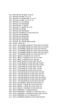 626 - ROVER 200 TD MKC 10 40 22
627 - ROVER 204 MKC 10 35 10
628 - ROVER 214 MEMS MKC 10 35 10
629 - ROVER 214 MKC 10 35 10 - 97
630 - ROVER 216 16V MEMS
631 - ROVER 220 TDI MEMS
632 - ROVER 400 1.6 MEMS
633 - ROVER 414 MEMS 10 35 10
634 - ROVER 416 MEMS
635 - ROVER 420 TDI MEMS
636 - ROVER 620 BOSCH X XXX XXX 219
637 - ROVER 620 TB MEMS
638 - ROVER 620 TDI MEMS
639 - ROVER 820 TB MEMS
640 - ROVER 820 TDI MEMS
641 - ROVER ALL MEMS MKC103020
642 - SAAB - G4979 X 2
643 - SEAT ALHAMBRA BOSCH X XXX XXX 216 STEP1
644 - SEAT ALHAMBRA BOSCH X XXX XXX 216 STEP2
645 - SEAT ALHAMBRA BOSCH X XXX XXX 459-630
646 - SEAT ALHAMBRA BOSCH X XXX XXX 630 STEP1
647 - SEAT ALHAMBRA BOSCH X XXX XXX 630 STEP2
648 - SEAT ALHAMBRA BOSCH X XXX XXX 953-751
649 - SEAT AROSA 1.0 BOSCH 0 261 203 931
650 - SEAT IBIZA 1.0 BOSCH 0 261 203 933-934
651 - SEAT IBIZA 1.4 BOSCH 0 261 204 844
652 - SEAT IBIZA BOSCH X XXX XXX 556-891
653 - SEAT LEON BOSCH X XXX XXX 062 STEP1
654 - SEAT LEON BOSCH X XXX XXX 062 STEP2
655 - SEAT LEON BOSCH X XXX XXX 161-062
656 - SEAT LEON BOSCH X XXX XXX 170-985
657 - SEAT LEON BOSCH X XXX XXX 530-683
658 - SEAT TOLEDO BOSCH X XXX XXX 232-060
659 - SEAT TOLEDO BOSCH X XXX XXX 280-230
660 - SEAT TOLEDO BOSCH X XXX XXX 301-403
661 - SEAT TOLEDO BOSCH X XXX XXX 403 STEP1
662 - SEAT TOLEDO BOSCH X XXX XXX 403 STEP2
663 - SEAT TOLEDO BOSCH X XXX XXX 845-059
664 - SEAT ALHAMBRA BOSCH X XXX XXX 531
665 - SEAT AROSA 1.0 BOSCH X XXX XXX 930
666 - SEAT AROSA 1.4 BOSCH X XXX XXX 613
667 - SEAT AROSA 1.4 BOSCH X XXX XXX 844
668 - SEAT CORDOBA 1.4 BOSCH MA9.0
669 - SEAT CORDOBA 1.6 BOSCH X XXX XXX 752-3
670 - SEAT CORDOBA 1.6 BOSCH X XXX XXX 844-156
671 - SEAT CORDOBA 2.0 16V DIGIFANT 3.2
672 - SEAT CORDOBA BOSCH X XXX XXX 054-405
 