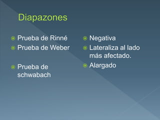  Prueba de Rinné
 Prueba de Weber
 Prueba de
schwabach
 Negativa
 Lateraliza al lado
más afectado.
 Alargado
 