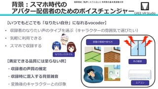 堀部貴紀『転声こえうらない』利用者の基本周波数分析
【いつでもどこでも「なりたい自分」になれるvocoder】
• 収録者のなりたい声のタイプを選ぶ（キャラクターの雰囲気で選びたい）
• 気軽に利用できる
• スマホで収録する
【満足できる品質には至らない例】
・収録者の声質の推定
・収録時に混入する背景雑音
・変換後のキャラクターとの印象
背景：スマホ時代の
アバター配信者のためのボイスチェンジャー
なりたいスタイル
外の騒音
エアコン
部屋の環境や持ち方
 