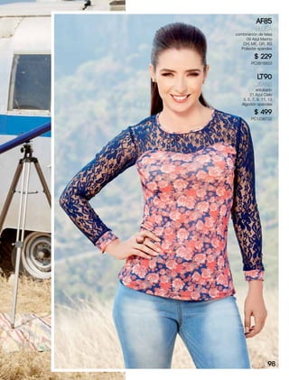 AF85
BLUSA
combinación de telas
09 Azul Marino
CH, ME, GR, XG
Poliester spandex
$ 229
PC3816833
LT90
Jeans
entubado
21 Azul Cielo
3, 5, 7, 9, 11, 13
Algodón spandex
$ 499
PC1236722
98
 