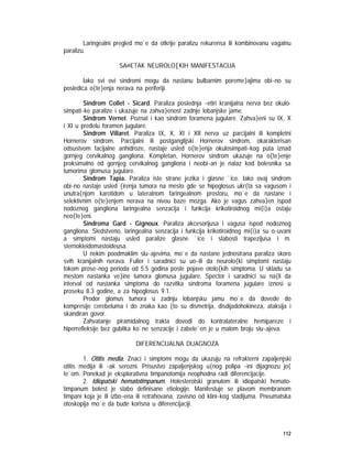 112
Laringealni pregled mo`e da otkrije paralizu rekurensa ili kombinovanu vagalnu
paralizu.
SA@ETAK NEUROLO[KIH MANIFESTACIJA
Iako svi ovi sindromi mogu da nastanu bulbarnim poreme}ajima obi~no su
posledica o{te}enja nerava na periferiji.
Sindrom Collet - Sicard. Paraliza poslednja ~etiri kranijalna nerva bez okulo-
simpati~ke paralize i ukazuje na zahva}enost zadnje lobanjske jame.
Sindrom Vernet. Poznat i kao sindrom foramena jugulare. Zahva}eni su IX, X
i XI u predelu foramen jugulare.
Sindrom Villaret. Paraliza IX, X, XI i XII nerva uz parcijalni ili kompletni
Hornerov sindrom. Parcijalni ili postganglijski Hornerov sindrom, okarakterisan
odsustvom facijalne anhidroze, nastaje usled o{te}enja okulosimpati~kog puta iznad
gornjeg cervikalnog gangliona. Kompletan, Hornerov sindrom ukazuje na o{te}enje
proksimalno od gornjeg cervikalnog gangliona i neobi~an je nalaz kod bolesnika sa
tumorima glomusa jugulare.
Sindrom Tapia. Paraliza iste strane jezika i glasne `ice. Iako ovaj sindrom
obi~no nastaje usled {irenja tumora na mesto gde se hipoglosus ukr{ta sa vagusom i
unutra{njom karotidom u lateralnom faringealnom prostoru, mo`e da nastane i
selektivnim o{te}enjem nerava na nivou baze mozga. Ako je vagus zahva}en ispod
nodoznog gangliona laringealna senzacija i funkcija krikotiroidnog mi{i}a ostaju
neo{te}eni.
Sindroma Gard - Gignoux. Paraliza akcesorijusa i vagusa ispod nodoznog
gangliona. Sledstveno, laringealna senzacija i funkcija krikotiroidnog mi{i}a su o~uvani
a simptomi nastaju usled paralize glasne `ice i slabosti trapezijusa i m.
sternokleidomastoideusa.
U nekim poodmaklim slu~ajevima, mo`e da nastane jednostrana paraliza skoro
svih kranijalnih nerava. Fuller i saradnici su uo~ili da neurolo{ki simptomi nastaju
tokom prose~nog perioda od 5.5 godina posle pojave otolo{kih simptoma. U skladu sa
mestom nastanka ve}ine tumora glomusa jugulare, Spector i saradnici su na{li da
interval od nastanka simptoma do razvitka sindroma foramena jugulare iznosi u
proseku 8.3 godine, a za hipoglosus 9.1.
Prodor glomus tumora u zadnju lobanjsku jamu mo`e da dovede do
kompresije cerebeluma i do znaka kao {to su dismetrija, disdijadohokineza, ataksija i
skandiran govor.
Zahvatanje piramidalnog trakta dovodi do kontralateralne hemipareze i
hiperrefleksije bez gubitka ko`ne senzacije i zabele`en je u malom broju slu~ajeva.
DIFERENCIJALNA DIJAGNOZA
1. Otitis media. Znaci i simptomi mogu da ukazuju na refrakterni zapaljenjski
otitis medija ili ~ak serozni. Prisustvo zapaljenjskog u{nog polipa ~ini dijagnozu jo{
te`om. Ponekad je eksplorativna timpanotomija neophodna radi diferencijacije.
2. Idiopatski hematotimpanum. Holesterolski granulom ili idiopatski hemato-
timpanum bolest je slabo definisane etiologije. Manifestuje se plavom membranom
timpani koja je ili izbo~ena ili retrahovana, zavisno od klini~kog stadijuma. Pneumatska
otoskopija mo`e da bude korisna u diferencijaciji.
 