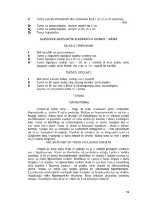 116
C Tumor zahvata infralabirintni deo temporalne kosti i {iri se u vrh petroznog
dela
D1 Tumor sa endokranijalnim {irenjem manjim od 2 cm
D2 Tumor sa endokranijalnim {irenjem ve}im od 2 cm
D3 Tumor inoperabilan.
GLASSCOCK-JACKSONOVA KLASIFIKACIJA GLOMUS TUMORA
GLOMUS TYMPANICUM
I Mali tumefakt na promontorijumu
II Tumor u potpunosti ispunjava {upljinu srednjeg uva
III Tumor ispunjava srednje uvo i {iri se u mastoid
IV Tumor ispunjava srednje uvo i {iri se u mastoid ili kroz bubnu opnu
ispunjava spoljni slu{ni hodnik; mo`e da se {iri i napred do karotide
GLOMUS JUGULARE
I Mali tumor zahvata bulbus, srednje uvo i mastoid
II Tumor se {iri ispod unutra{njeg slu{nog hodnika; intrakranijalno
III Tumor se {iri iza vrha u klivus ili infratemporalnu jamu; intrakranijalno.
Zavisno od pro{irenosti koristi se i pristup.
TEHNIKA
TIMPANOTOMIJA
Timpani~ki tumori klase I mogu da budu resekovani preko endauralne
timpanotomije uz lokalnu ili op{tu anesteziju. Podigne se timpanomeatalni re`anj kao u
hirurgiji stapesa. Bubna opna se disekuje od manubrijuma da bi se prikazao prednji
mezotimpanum sa posebnim osvrtom na zonu unutra{nje karotide i otvora Eustahijeve
tube. Tumor se identifikuje na promontorijumu i pristup se smatra dovoljnim ako se
ceo tumor mo`e videti. Tumor se uhvati sa kupastom hvataljkom i ukloni u jednom
komadu. Srednje uvo se tamponira sa Gelfoamom natopljenim u 1:1000 adrenalinom
da bi se kontrolisalo krvavljenje. Ponekad je potrebno da se tamponada u~ini sa
Surgicelom zbog krvavljenja iz donje timpani~ke arterije. Bubna opna se vrati i spoljni
slu{ni hodnik tamponira.
PRO[IRENI PRISTUP PREKO FACIJALNOG GREBENA
Timpani~ke lezije klase II do IV najbolje se le~e zadnjim pristupom srednjem
uvu i hipotimpanonu. Na~ini se standardna retroaurikularna incizija i prika`e korteks
mastoida. U~ini se prosta mastoidektomija. Identifikuje se facijalis i facijalni recesus se
otvori sa malim dijamantskim svrdlom. Identifikuje se i prese~e horda timpani u blizini
facijalisa i na anulusu. Sa dijamantskim svrdlom skida se sva kost izme|u mastoidnog
dela facijalisa i fibroznog anulusa i od patrljka horde timpani do stilomastoidnog
otvora. Anulus se koristi kao spoljna granica pri prikazivanju hipotimpanuma.
Egzenteracija retrofacijalnih vazdu{nih }elija medijalno od facijalisa obezbe|uje direktnu
vizualizaciju velike hipotimpani~ke ekstenzije. Treba prikazati unutra{nju karotidnu
arteriju i Eustahijevu tubu da bi se videlo da li su zahva}eni tumorom.
 