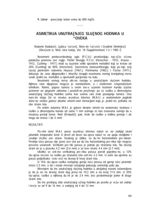 133
9. Likvor - pove}anje belan~evina do 800 mg/%.
* * *
ASIMETRIJA UNUTRA[NJEG SLU[NOG HODNIKA U
^OVEKA
Radomir Radulovi}, Ljubica or|evi}, Mom~ilo or|evi} i Gradimir Dimitrijevi}
(Skra}eno iz: Med. istra`ivanja, Vol. 18 /Supplementum/ 1-2 / 1985 /)
Neurinomi pontocerebralnog ugla (P.C.U.) predstavljaju naj~e{}e vi|enu
patolo{ku promenu ove regije. Pioniri hirurgije P.C.U. (Henschen - 1910., Krause -
1912., Cushing - 1917.) imali su izuzetno veliki operativni mortalitet koji se kretao od
20% (Cushing) do 80% (Henschen). Savremena otoneurohirurgija, koja po~inje svoj
razvoj pionirskim radovima Housea (1961.), Portmanna (1965.) i Fischa (1971.),
dokazuje da rana dijagnostika i hirur{ka terapija neurinoma osmog kranijalnog nerva
svodi, prakti~no, mortalitet u operisanih pacijenata na nulu.
Neurinomi osmog nerva obi~no nastaju u unutra{njem slu{nom hodniku.
Njihova rana dijagnoza mogu}a je standardnom, a i modernom rengenolo{kom
tehnikom. Naime, pojava tumora u ovom ina~e uzanom kostnom kanalu izaziva
promene na njegovim zidovima i posledi~no pro{irenje, pa se razlika u dimenzijama
unutra{njeg slu{nog hodnika uzima kao veoma rani znak postojanja tumora. Ovo
naro~ito stoga {to se meatus acusticus internus (M.A.I.) u anatomskom pogledu
klasi~no smatra gotovo idealno simetri~nom formacijom koja je, prakti~no, jednaka na
obe strane tela.
Po nekim autorima M.A.I. je gotovo idealno simetri~na anatomska struktura i
razlike u dimenzijama kanala od samo 1 mm uzimaju se kao osnovana sumnja da u
meatusu postoji tumor. Neki (Krmpoti}), pak, tvrde da razlike u kalibru postoje i da
mogu da iznose i do 5 mm!
REZULTATI
Po~etni otvor M.A.I. porus acusticus internus nalazi se na zadnjoj strani
piramide temporalne kosti. U devet od deset slu~ajeva nalazi se na spoju medijalne i
srednje tre}ine ove strane. Ovalnog je oblika, sa du`im horizontalnim pre~nikom.
Prednja ivica porusa nije jasno izra`ena pa du`inu horizontalnog pre~nika nije mogu}e
precizno ustanoviti. Vertikalni pre~nik porusa je jednak po stranama tela. Na desnoj
strani on je u proseku 4.2 mm (2-6 mm) a sa leve strane 4.4 mm (2-7 mm).
Ukoliko se veli~ina vertikalnog pre~nika porusa poredi pojedina~no, u 12%
slu~ajeva na|ene su razlike po stranama tela veli~ine 2-3 mm. U ovim slu~ajevima su
porusi podjednako ~esto ve}i na desnoj ili levoj strani tela.
U 16% slu~ajeva razlika rastojanja gornje ivice porusa od gornje ivice piramide
iznosi 2-3 mm, a da i ostala merenja rastojanja pokazuju asimetriju polo`aja.
Merenjem du`ine unutra{njeg slu{nog hodnika u aksijalnoj osovini ustanovljeno
je da je on na desnoj strani dug prose~no 10.2 mm a na levoj 11.0 mm. U 20%
slu~ajeva, razlika u njihovoj du`ini je do 2.4 mm, bez predominacije jedne ili druge
strane tela.
Du`ina prednjeg zida unutra{njeg u{nog hodnika po pravilu je ve}a od zadnje
i kre}e se od 9 do 16 mm, a zadnjeg od 4 do 12 mm.
 