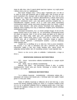 162
stanju da vidite inkus, treba i}i napred odmah ispod dure tegmena; tu je naj{iri prostor
i distanca izme|u ko{~ica i epitimpanuma.
Idu}i nazad, istanjuju}i sinus, i izme|u njega i tegmenalne plo~e sve dok se
ne stigne do o{trog ugla (sinoduralni ugao ili Citelijev ugao). Zadr`ati pravac put dole
prema mastoidnom vrhu, otvaraju}i }elije od oblasti digastri~nog `leba. Imati na umu,
da facijalni nerv i njegov izlaz iz foramena stilomastoideuma je odmah napred prema
digastri~nom `lebu. Ovde ostaje intaktna oblast koja se zove ”solidni” ugao (sadr`i
posteriorni semicirkularni kanal u plo~i koja pokriva posteriornu kranijalnu fosu, sa
neidentifikovanim facijalnim nervom). Va`no je ostati iznad oblasti horizontalnog
semicirkularnog kanala! Lokacija ovog kanala omogu}ava prikaz fose inkudis i kratkog
nastavka inkusa lateralno i dole prema antrumu, horizontalni kanal, epitimpanum, i
spolja{nje koleno facijalnog nerva koje je lokalizovano medijalno prema horizontalnom
semicirkularnom kanalu.
Kori{}enjem fenestrometra, mo`e se izmeriti zami{ljen trougao 10 mm od vrha
kratkog nastavka inkusa ili fose inkudis, du` ose horizontalnog semicirkularnog kanala
(30 stepeni od tegmena). Zatim 12 mm od fose inkudis pod uglom od 45 stepeni od
tegmena. Ova oblast izoluje solidni ugao sadr`i posteriorni semicirkularni kanal.
Odmah ispod i napred prema sinusu je plo~a kosti koja le`i preko dure zadnje
lobanjske jame, gde je endolimfati~ni sakulus. Trautmanov trougao je ograni~en
lateralnim sinusom, tegmenom i semicirkularnim kanalima i ozna~ava lokalizaciju
zadnje lobanjske jame.
Facijalni nerv se identifikuje ali se ne skida krov. Ovim je prosta mastoidekto-
mija zavr{ena, a sve }elije su odstranjene osim onih u petroznom vrhu. Granica
trepanacijske {upljine je gore dura srednje lobanjske jame, napred ko{tani zid
spolja{njeg slu{nog hodnika, dole vrh mastoidnog nastavka i nazad sigmoidni sinus.
Drena`a sa dve cev~ice: jedna za antibiotike i kortikosteroide, a druga za
drena`u.
MODIFIKOVANA RADIKALNA MASTOIDEKTOMIJA
1873. - Jansen - konzervativna radikalna mastoidektomija sa ~uvanjem slu{nih
ko{~ica i bubne opne.
1910. - Bondy - klasi~na radikalna mastoidektomija.
Indikacije (sluh dobar) - kod holesteatoma antruma ili atika, sa urednim
mezotimpanumom. Defekt samo pars flaccida. Odstranjuje se mastoid, zadnji zid
hodnika a ~uva srednje uvo.
RADIKALNA MASTOIDEKTOMIJA
To je radikalna trepanacija - mastoidektomija + odstranjenje zadnjeg zida +
odstranjenje svih struktura osim bazalne plo~e i formiranje bubre`aste {upljine, facijalni
greben ne treba puno skidati.
Totalna ili radikalna trepanacija je indikovana obi~no kod hroni~nog, a samo
izuzetno kod akutnog zapaljenja srednjeg uva. Danas se u razvijenim zemljama izvode
sve re|e, jer su upotrebom antibiotika hroni~na zapaljenja postala retka, a osim toga i
kod hroni~nih zapaljenja srednjeg uva razne vrste timpanoplastika uspe{no zamenjuju
radikalne operacije.
 