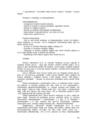 167
2. generalizovani i ireverzibilni aktivni procesi sluzoko`e mastoida i kavuma
timpani
Postupak se kombinuje sa timpanoplastikom.
KONTRAINDIKACIJE:
- nemogu}nost redovnih kontrola bolesnika
- skleroti~an mastoid sa napred postavljenim sigmoidnim sinusom
- bolesnik sa malignim tumorom
- bolesnik sa otogenim intrakranijalnim komplikacijama
- fistula labirinta u bolesnika koji jo{ ~uje samo na to uvo
- intaktni lanac slu{nih ko{~ica
Prednosti timpanotomije
- Kad se ovaj zahvat kombinuje sa timpanoplastikom, ko{tani zid hodnika i
anulus timpanikus su sa~uvani, ~ime je omogu}ena rekonstrukcija bubne opne na
njenom pravom mestu.
- O~uvane su normalne dimenzije {upljine srednjeg uva.
- Ostvaruje se aerizacija mastoidne {upljine.
- Izbegavaju se otvorene radikalne {upljine koje remete normalni odgovor na
zvu~ni signal (toplotni podra`aj labirinta kod plivanja).
- Kontrolisanje novih odnosa spojeva lanca slu{nih ko{~ica.
TEHNIKA
Hirur{ka orjentaciona ta~ka za otvaranje facijalnog recesusa otpozadi je
trouglasta ko{tana plo~ica - ”prag ugla antruma” (”antrum treshold angle”). On je
ograni~en gore horizontalnim polukru`nim kanalom i fosom inkudis, medijalno facijalnim
kanalom na mestu gde se on po~inje spu{tati vertikalno, i lateralno prema bubnoj opni
se nalazi horda timpani.
Kad se adekvatno otvori recesus facialis kroz ovu trouglastu ko{tanu plo~icu,
jasno se vidi processus pyramidalis i tendo musculi stapedis. Zatim, medijalni zid
kavuma, pontikulus i subikulum, fenestre i sinus timpani. Jansen, 1968 opisuje i
”ponticulus pyramidalis” - lateralno od processusa piramidalisa prema aperturi horde
timpani.
Incizija retroaurikularna i transmeatalna. Prika`e se temporalni mi{i}a i antrum,
kao priprema za otvaranje prednjeg dela atika. Zatim se u~ini suprameatalna i
retromeatalna atikoantromastoidektomija, sa ~uvanjem ko{tanog zida hodnika, koji
treba stanjiti i delimi~no sniziti. Prikazati kratki krak i telo inkusa, i inkudomalearni
zglob, veliki deo maleusa. Ako nema inkusa, vidi se horizontalni polukru`ni kanal.
~uvati spolja{nji donji deo ko{tanog zida atika.
Zadnja timpanotomija (fran. ”prozor kavuma”) omogu}uje se uvid u zadnji deo
bubne duplje. Zavisnosti od patolo{kog procesa, operativni zahvat se zavr{ava
istovremenom timpanoplastikom i rekonstrukcijom u I aktu, ili sa Silastikom i
rekonstrukcijom u II aktu, odnosno kod opse`nih holesteatoma, radikalnom
trepanacijom usled `rtvovanja zadnjeg ko{tanog zida - timpanomastoidektomija.
Simplificiranom ”zatvorenom” tehnikom timpanotomije mo`e se sli~no
stapedektomiji transmeatalno stanjiti kost zadnjeg zida hodnika, odbrusio donju ivicu
posterosuperiornog hodnika sni`avaju}i mu tako visinu iznutra prema van -
transmeatalna aditoatikotomija, ~ime se mo`e prikazati ceo inkus, inkudostapedijalni
 
