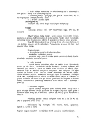 96
6. Scan - izotopi, numerisana `iva ima tendenciju da se koncentri{e u
zoni apscesa i na taj na~in se lokalizuje apsces.
7. Lumbalna punkcija - povi{enje }elija, pritisak i belan~evine; ako se
ne menja i posle saniranja primarnog `ari{ta.
8. O~no dno - zastojna papila.
Diferencijalna Dg:
meningitis TBC; tumor; druge endokranijalne komplikacije.
Terapija:
evakuacija apscesa kroz ”~istu” neurohirur{ku regiju. (Ubi pus, ibi
evacua! ).
Otogeni apsces malog mozga - apsces nastaje neposrednim {irenjem
zapaljenjskog procesa kod holesteatoma ili preko labirinta. Povr{ni putem tromboflebita
sigmoidnog sinusa ili duboki preko labirinta ili gnojenjem cerebelarne strane piramide.
Mogu biti intracerebelarni bez o{te}enja ili sa o{te}enjem korteksa, ili
~isto kortikalni apscesi, uni ili multilokularni. Patoanatomske promene iste kao i kod
apscesa velikog mozga.
Simptomatologija:
a. simptomi pove}anog intrakranijalnog pritiska.
- glavobolja u okcipitalnom predelu.
- uko~enost vrata, edem i zastojna papila, poreme}aj disanja i pulsa,
povra}anje, vrtoglavice, poreme}aji gutanja.
b. `ari{ni simptomi.
- gubitak tonusa muskulature udova sa obolele strane i koordinacije
pokreta sa iste strane - cerebelarna ataksija. Romberg - bolesnik nesiguran, kod
zatvorenih gubi ravnote`u i pada na obolelu stranu nezavisno od polo`aja glave,
zatvaranje o~iju ne pove}ava nesigurnost nesigurnost, hoda nesigurno, kao pijan
skre}u}i na bolesnu stranu, intencioni tremor, hipermetrija kod prst-nos ogleda,
Stewart-Holmesov simptom, peta-koleno, asinergija (ogled po Babinskom - oslabljen
stisak ruke i opadanje dubokih refleksa sa obolele strane; pacijent le`i skupljen sa
glavom okrenutom na stranu lezije; pri stajanju glava uvek lako nagnuta na bolesnu
stranu), adiadohokineza (poreme}aj koordinacije brzih uvrtanja ruke - supinacija -
pronacija).
c. vestibularni simptomi.
- apsces uzrokuje nistagmus prema bolesnoj strani i ostaje takav i
posle uni{tenja labirintne funkcije; postepeno se nistagmus poja~ava; lagan, grubih i
neritmi~kih trzaja, menja se po intenzitetu i zavisno od polo`aja glave; horizontalan i
rotatoran.
Poreme}aji pareza i paraliza kranijalnih `ivaca (III, V, VI, VII, XI, XII).
Uko~en pogled na zdravu stranu - VI.
Diferencijalno Dg: meningitis TBC, histerije, tumor, apopleksija,
dijabeti~na i uremi~na koma.
Negnojni otogeni encefalitis? - kod tromboze krvnih sudova sa encefalomalacijom.
 