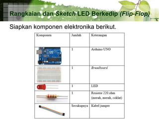 Rangkaian dan Sketch LED Berkedip (Flip-Flop)
Siapkan komponen elektronika berikut.
 