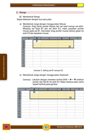 OTOMATISASI PERKANTORAN 1 
96 Direktorat Pembinaan SMK 2013 
OTOMATISASI PERKANTORAN 1 
2. Range 
Membentuk Range 
Dapat dilakukan dengan dua cara yaitu: 
a) Membentuk range dengan menggunakan Mouse 
Caranya: Drag (tarik) pointer Mouse dari sel awal menuju sel akhir. 
Misalnya sel Awal B1 dan sel Akhir E3, maka posisikan pointer 
mouse pada sel B1. Kemudian drag pointer mouse (tahan) geser ke 
arah E3 lalu lepaskan mouse. 
Gambar 5. Setting sel B1 sampai E3 
b) Membentuk range dengan menggunakan Keyboard 
Caranya : Lakukan dengan menekan tombol Shift +  +  arahkan 
pointer dari Sel B1 ke arah E3. Maka hasilnya akan sama 
seperti terlihat pada gambar 
 